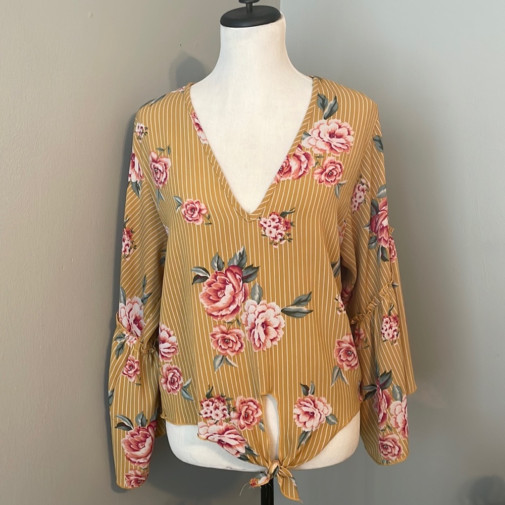 Lavender Field Yellow Striped Floral Top Large